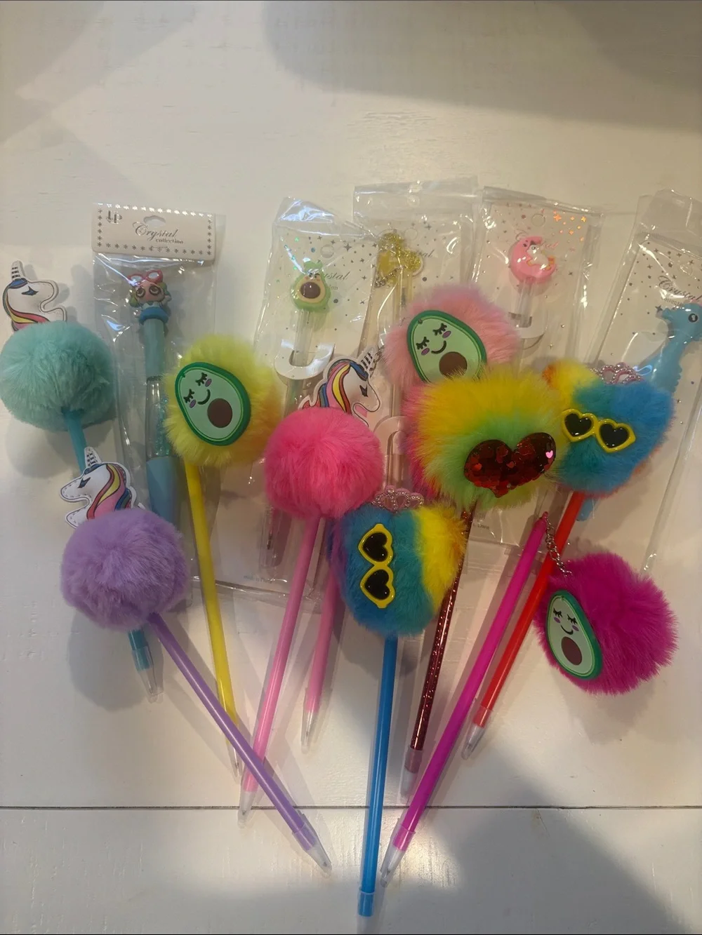 Kids' Rainbow Pom-Pom Novelty Pens with Avocado & Heart Charms 14 pcs